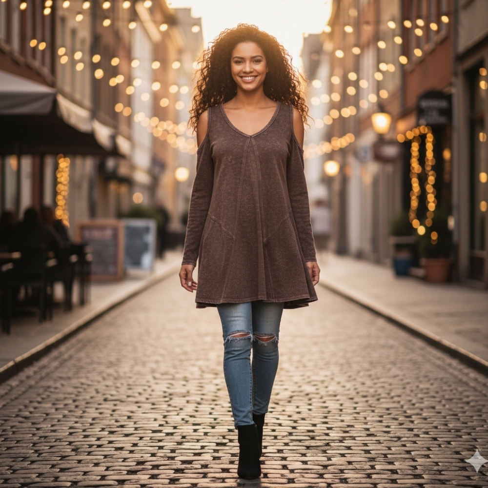 True Craft Dark Wash Open / Cold Shoulder Top Dark